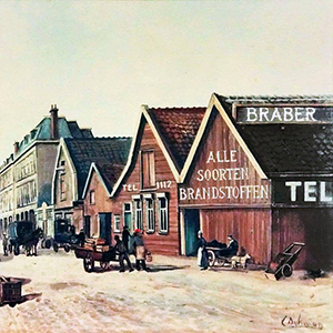 Aquarel van C. Dijkman van de locatie van Braber aan de Leeghwaterkade, ca. 1915.